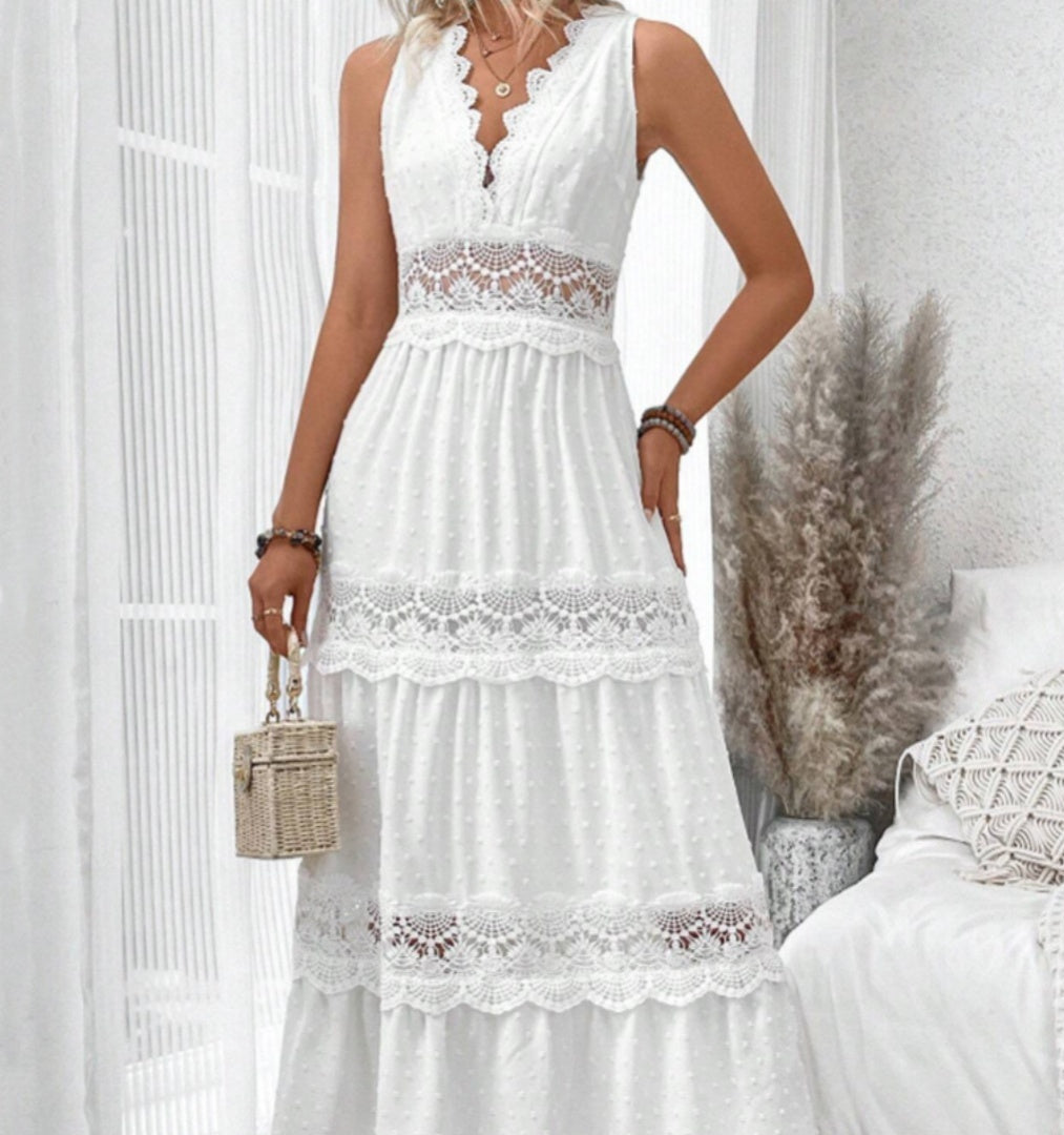 Maxi White Bohemian Dress with Lace Details