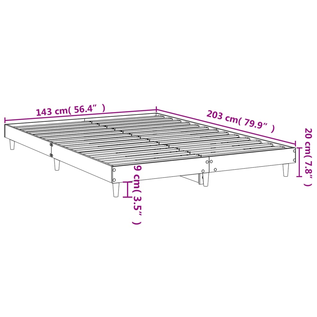 Measurement chart of a metal bed frame with dimensions labeled.