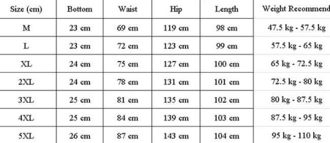 Size chart for clothing with measurements in centimeters and weight recommendations.