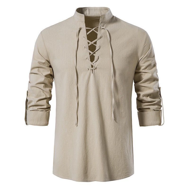 Mens Long Sleeve Lace Up Collar Shirt