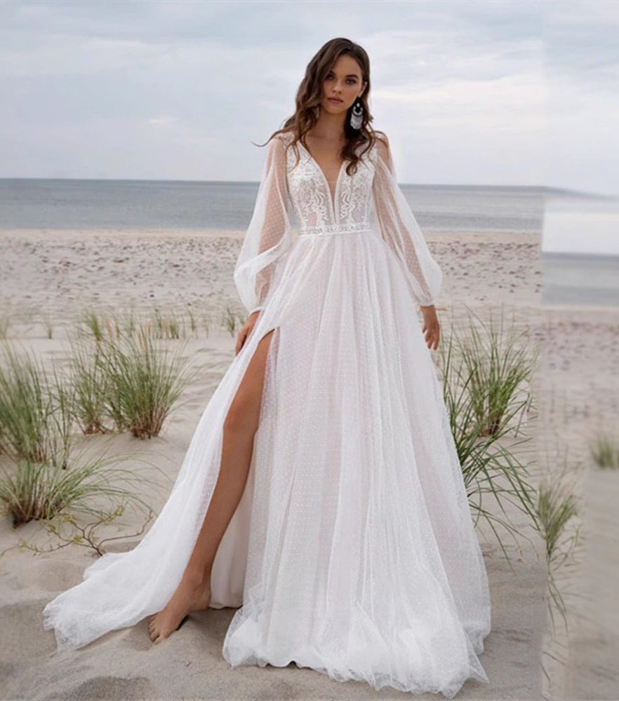 Mesh Slit Wedding Dress Boho Design
