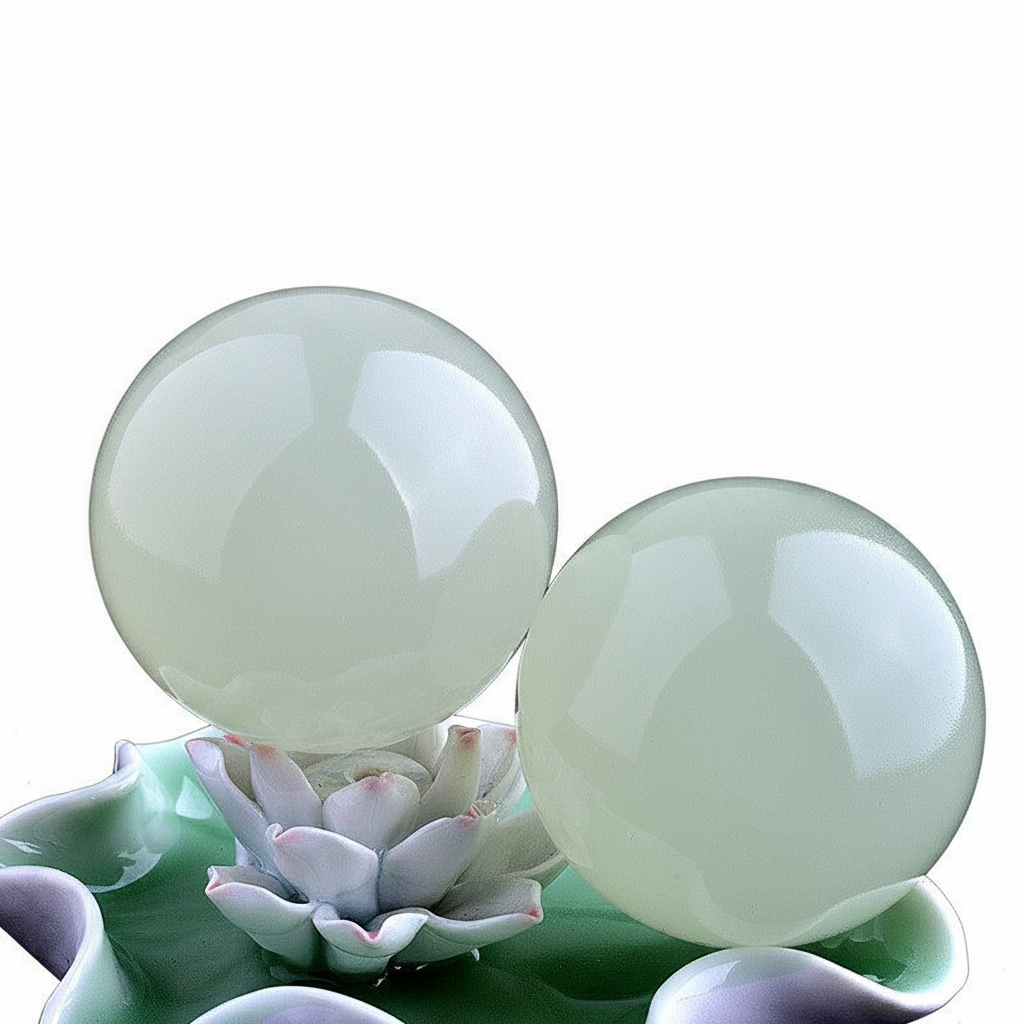 Two green jade spheres with a succulent plant on a dark background