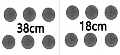 Comparison of two sets of circular objects labeled with dimensions 38cm and 18cm.