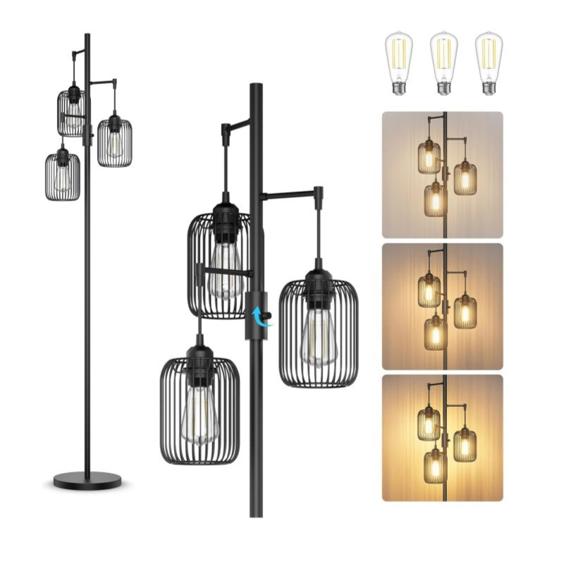 Modern floor lamp with black metal cage shades and light bulbs on a white background