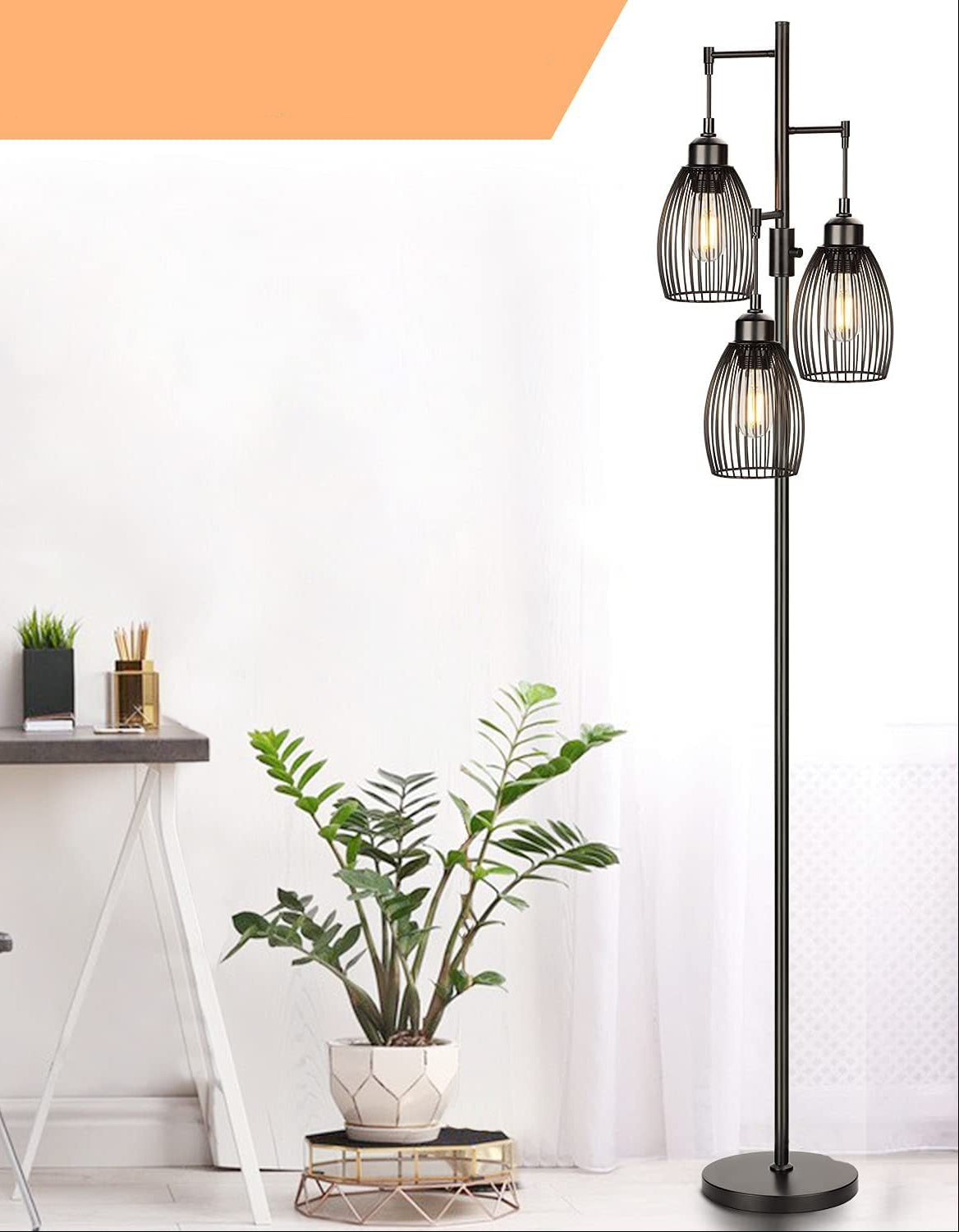 Modern office setup with a floor lamp, desk, and plants on a white background.