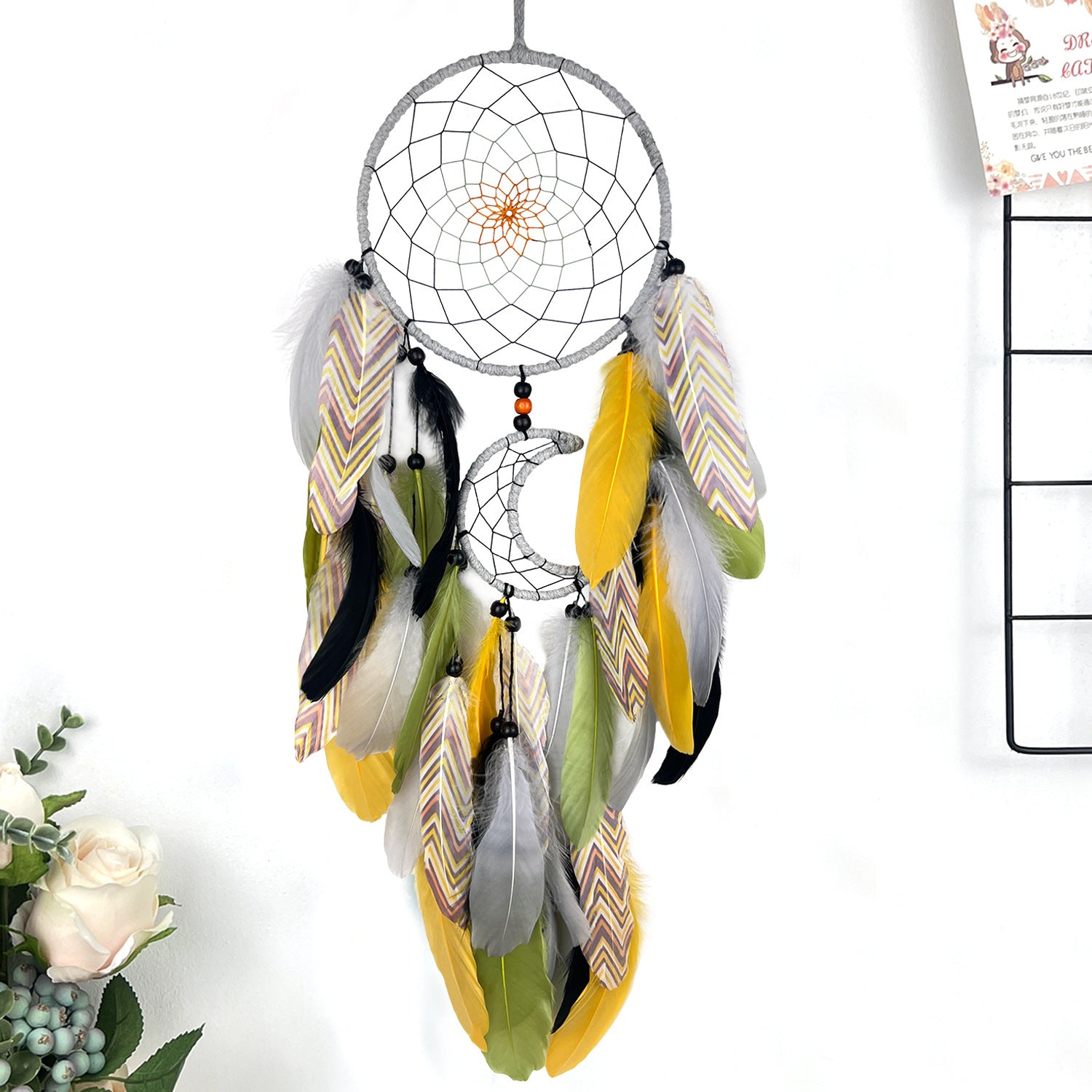 yellow Moon Dream Catcher with Feathers