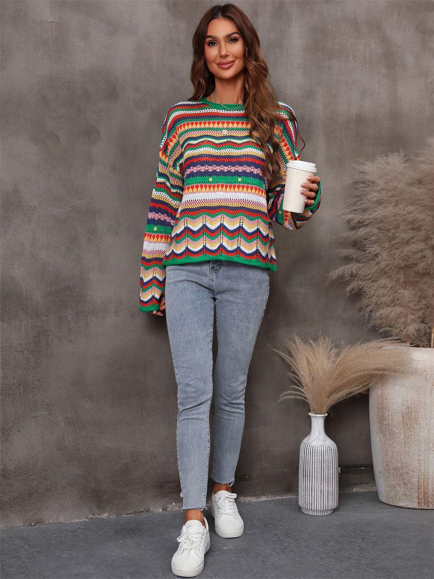 Multicolor Boho Pattern Long Sleeve Sweater