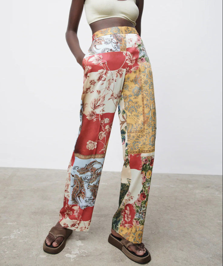 Multicolor Ethnic Straight Leg Pants Patchwork Design
