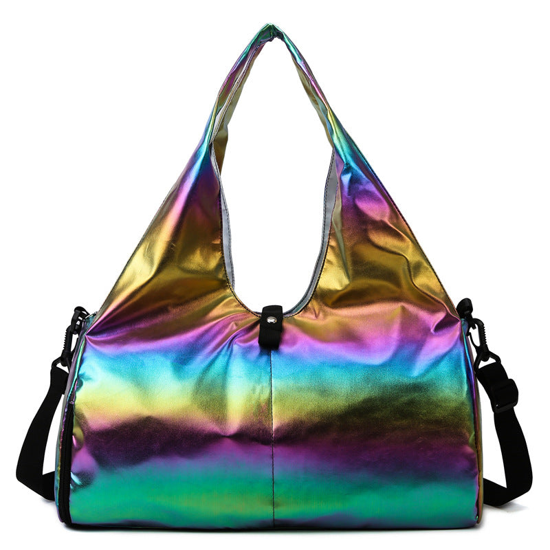 Multicolored iridescent handbag on a white background