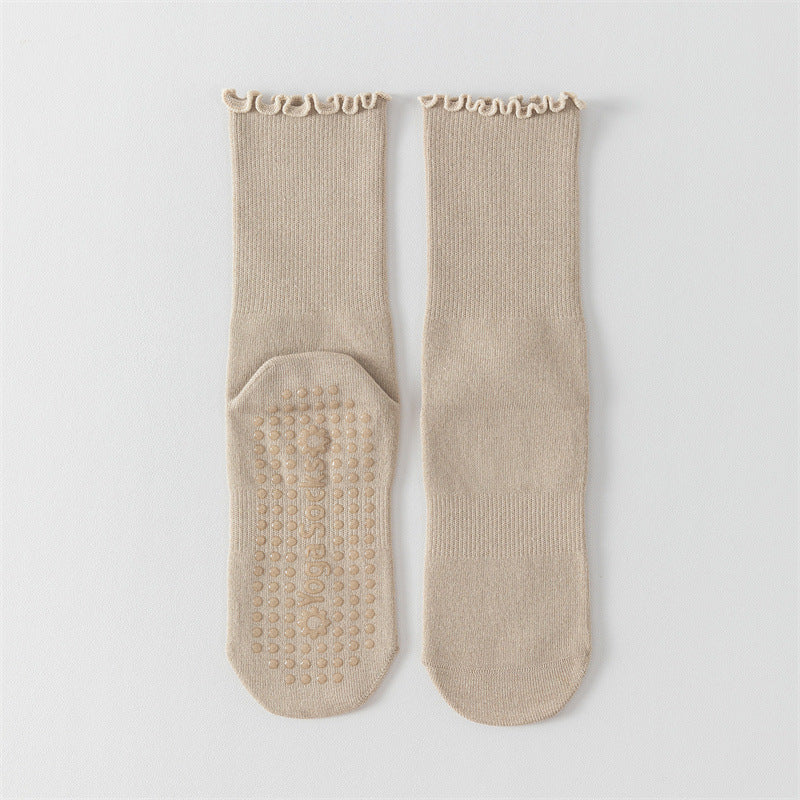 beige Non-Slip Mid Calf Yoga Socks for Women
