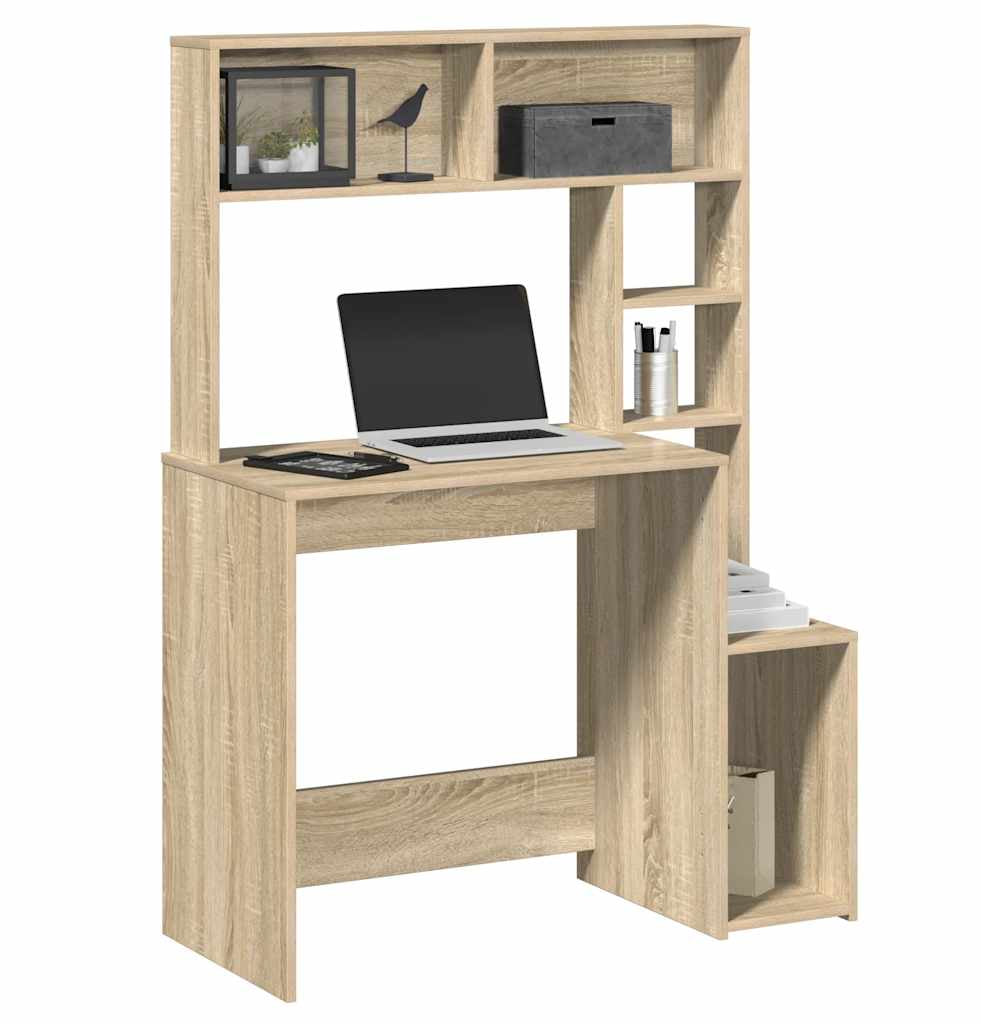 Oak Wood Boho Computer Desk with Multiple Shelves