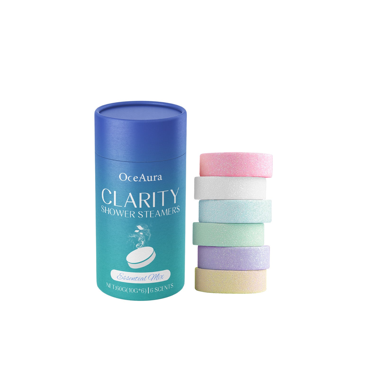OceAura Clarity shower steamers with a blue cylindrical container on a white background