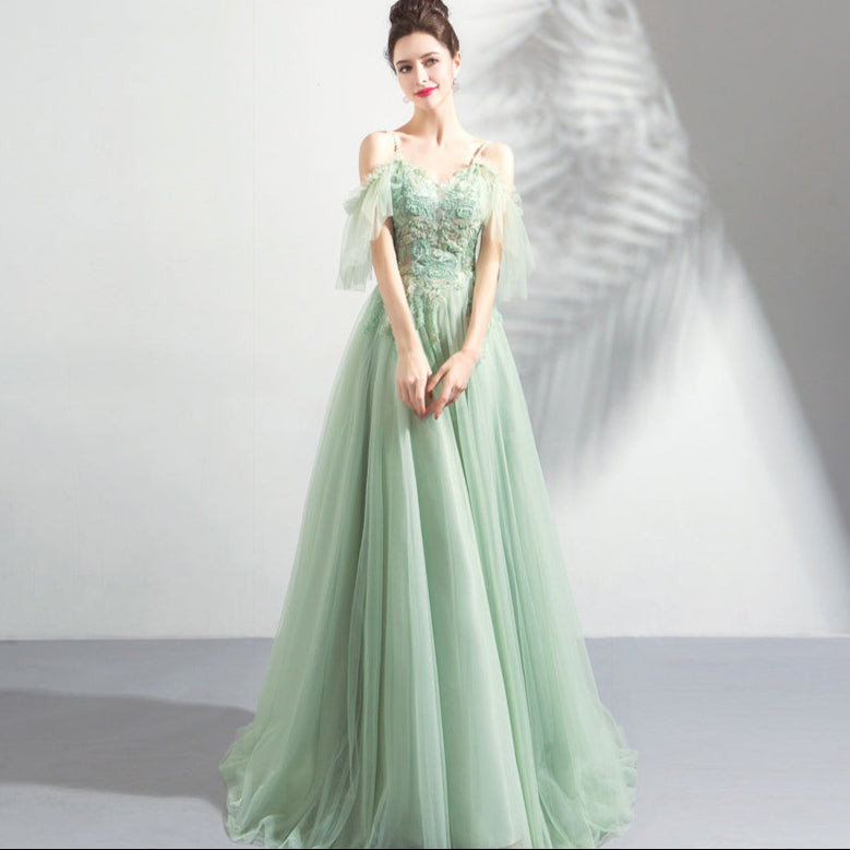 Off-Shoulder Pastel Mint Green Formal Tulle Gown