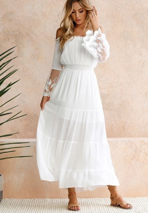 Off-Shoulder White Boho Lace Dress with Long Sleeves