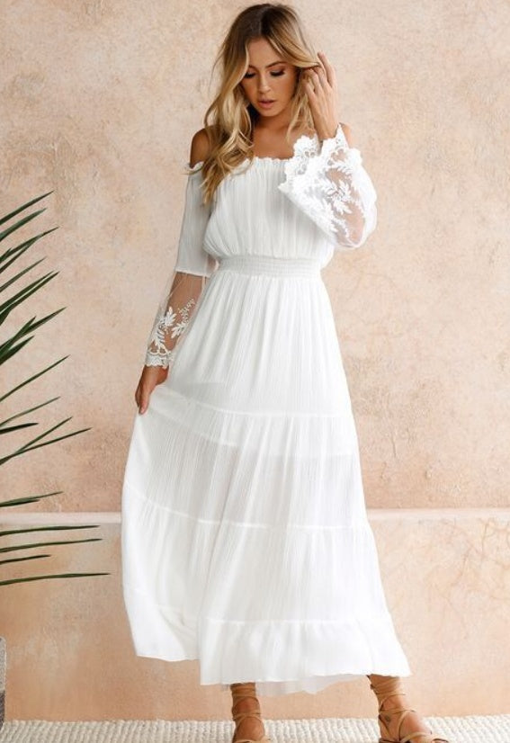 Off-Shoulder White Boho Lace Dress with Long Sleeve