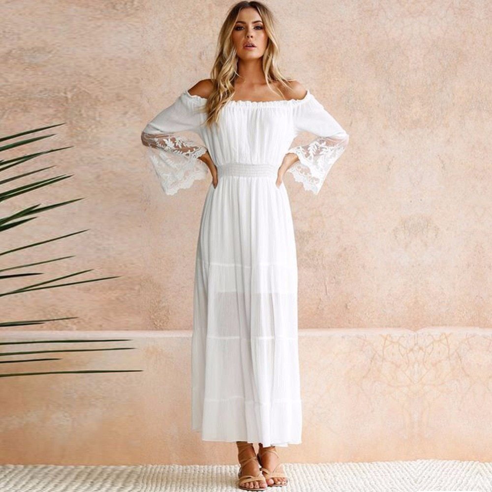 Off-Shoulder White Boho Lace Dress with Long Sleeves