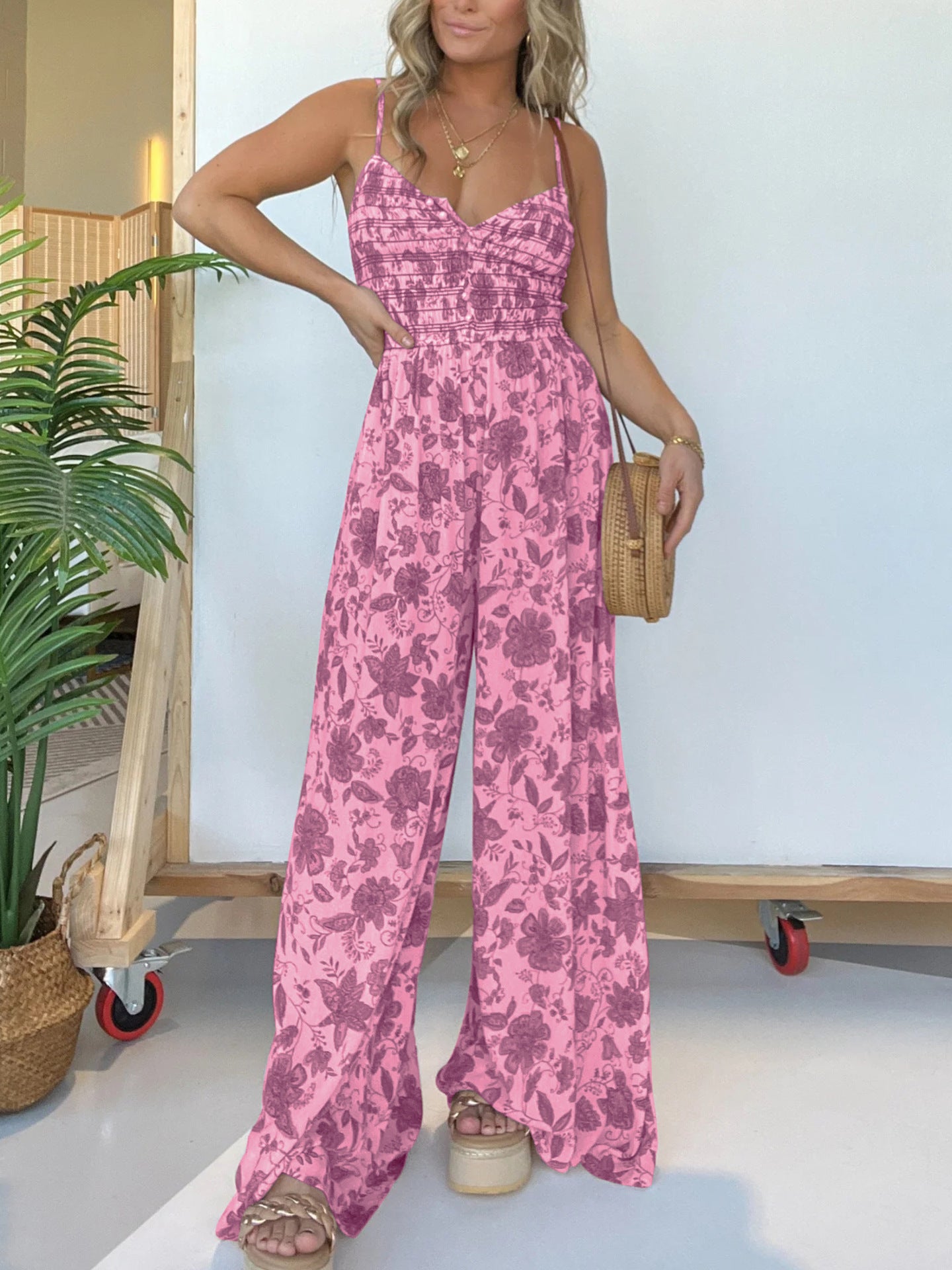 One Piece Floral Wide Leg Jumpsuit with Spaghetti Straps pink
