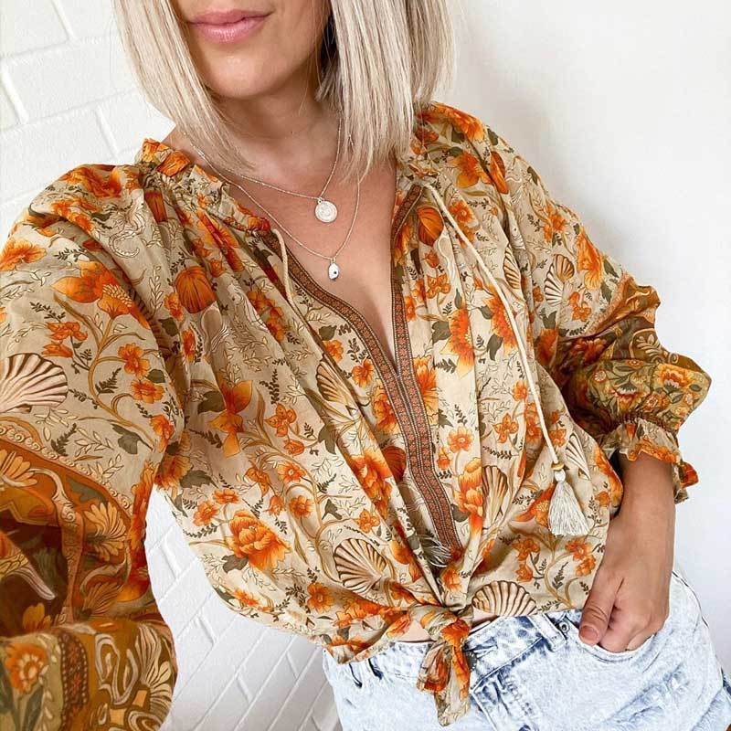 Orange Color Boho Print Womens Shirt