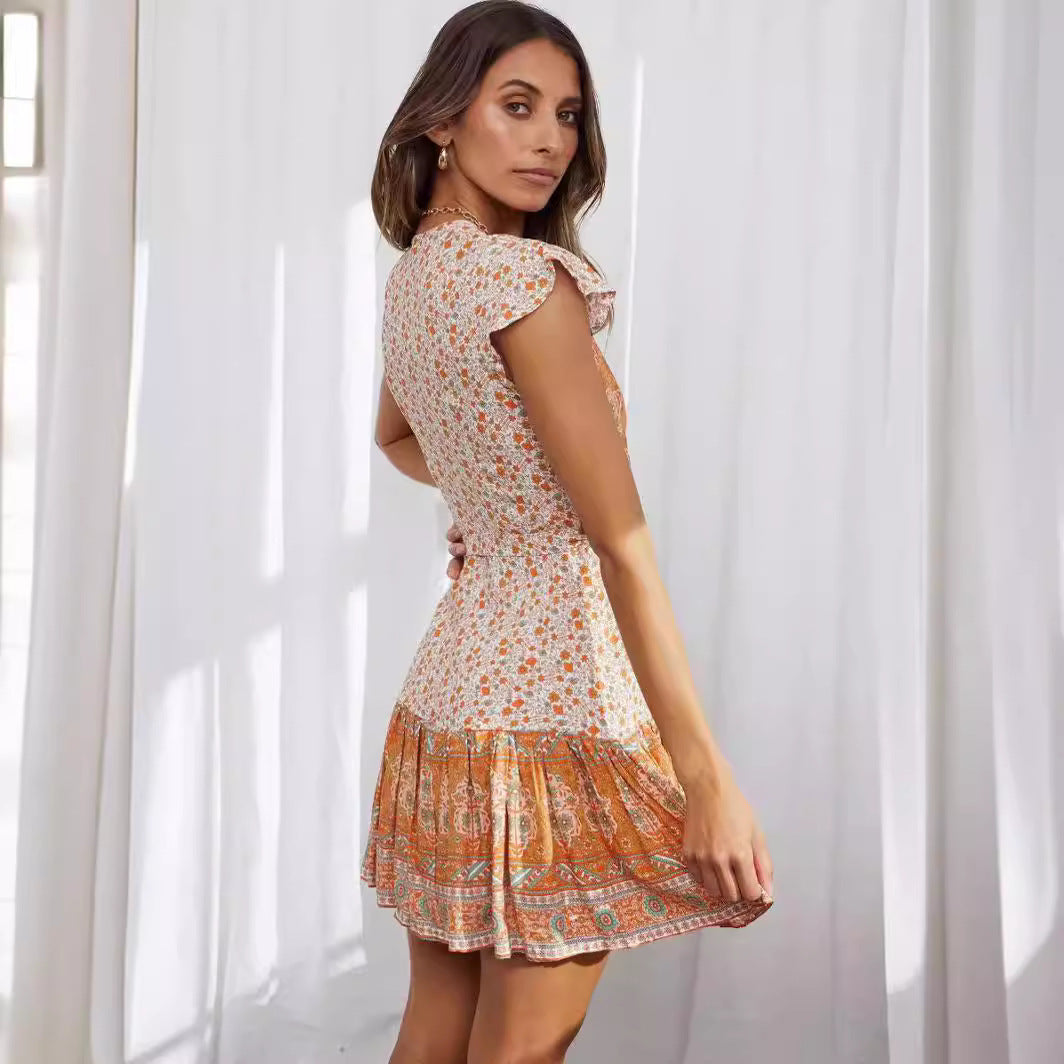 Orange V-Neck Boho Mini Dress