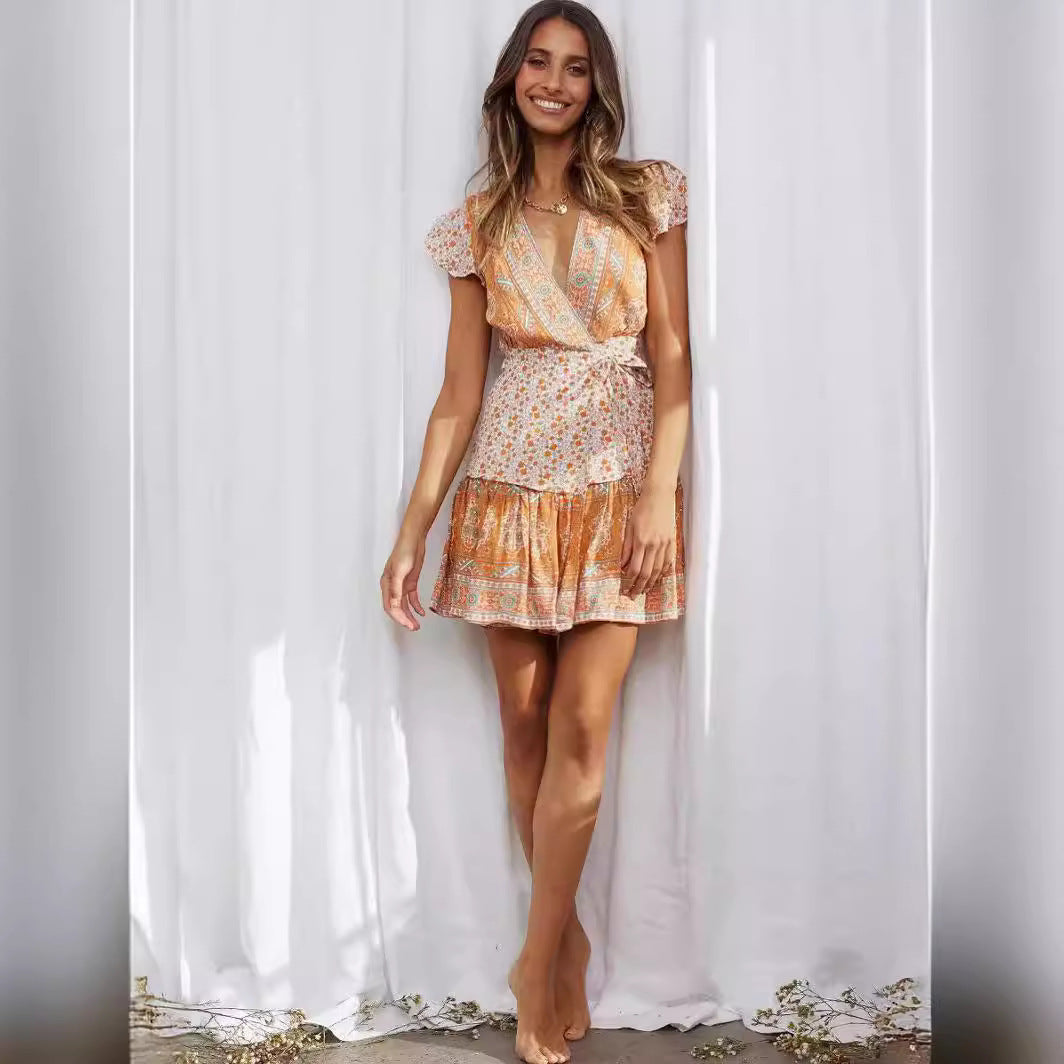 Orange V-Neck Boho Mini Dress