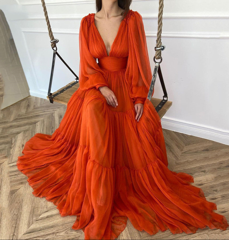 Orange V-Neck Maxi Formal Dress A-Line Tulle