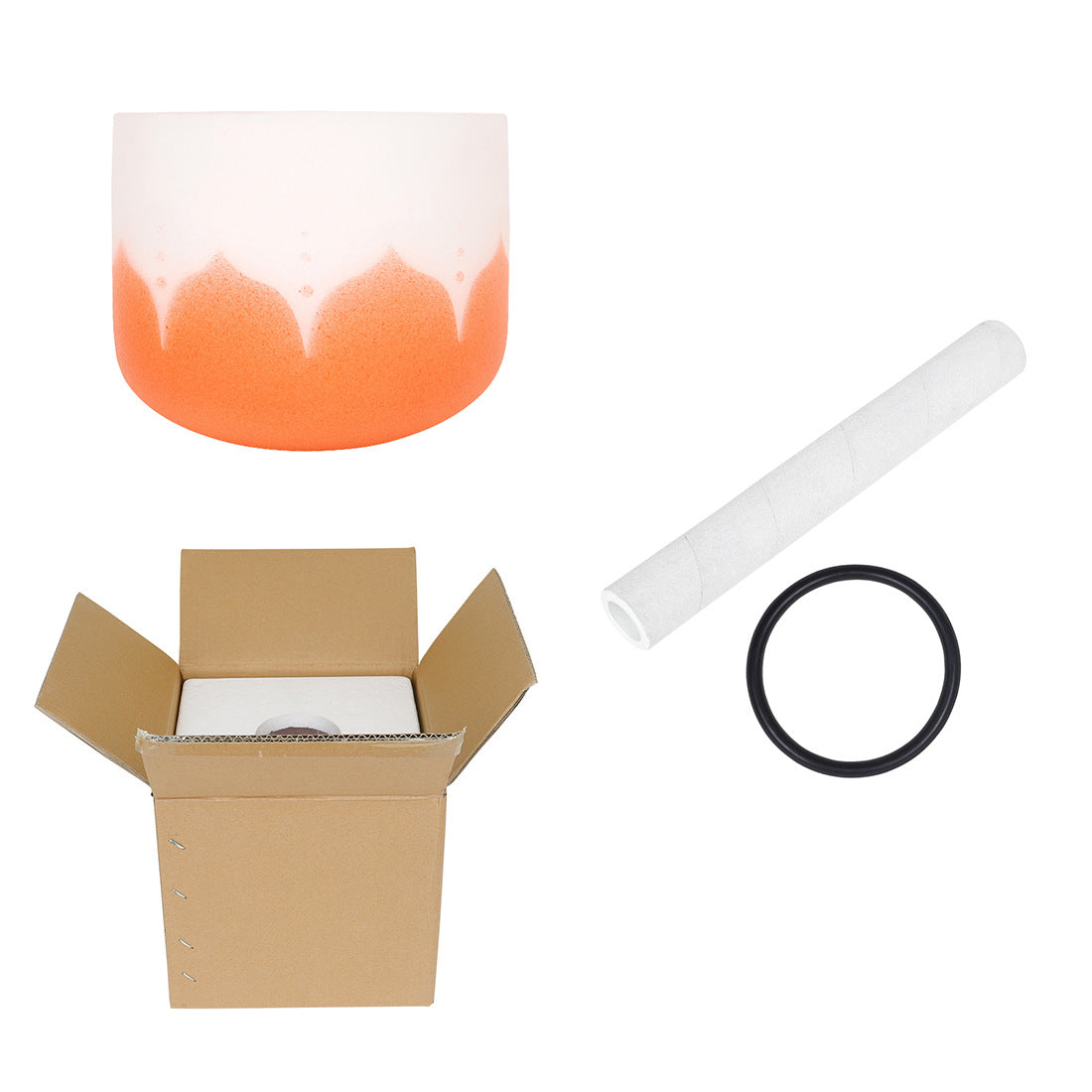 Orange and white cylindrical object, cardboard box with packing materials, white tube, and black ring on a white background.