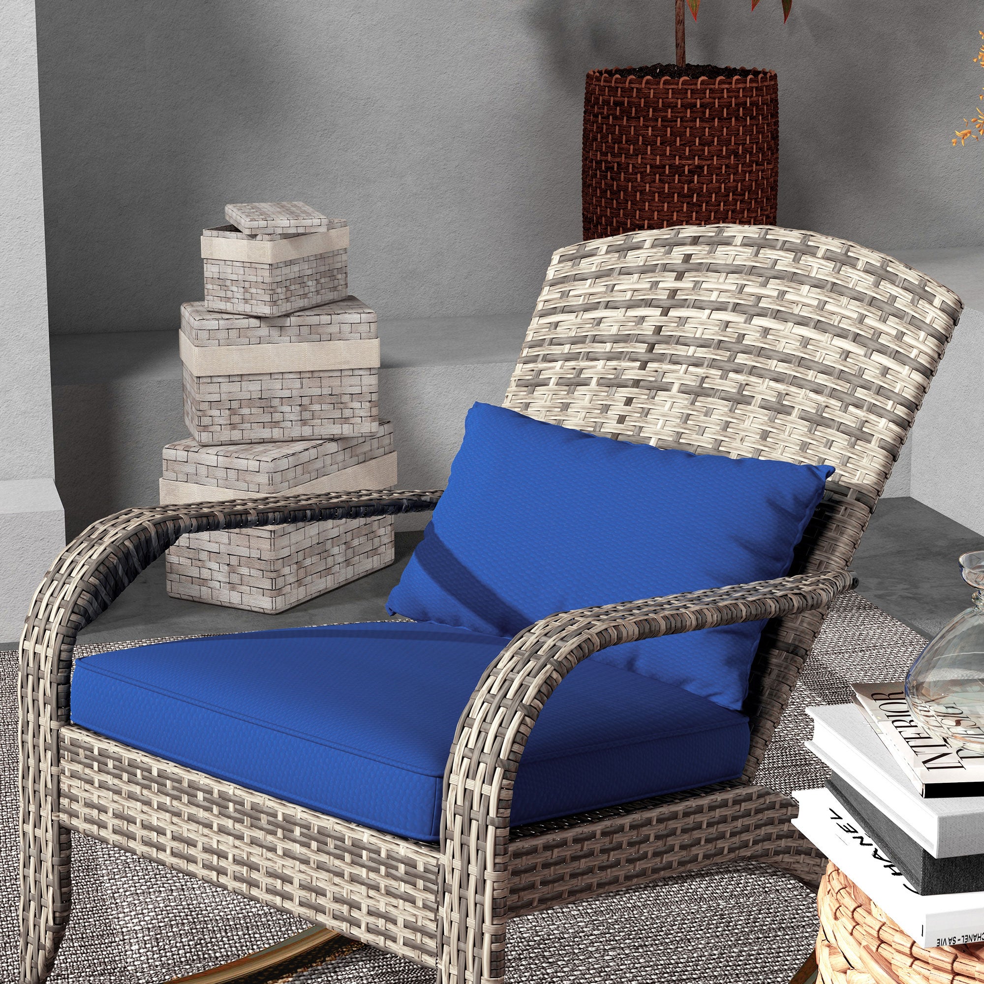 Wicker chair with blue cushions in a room setting