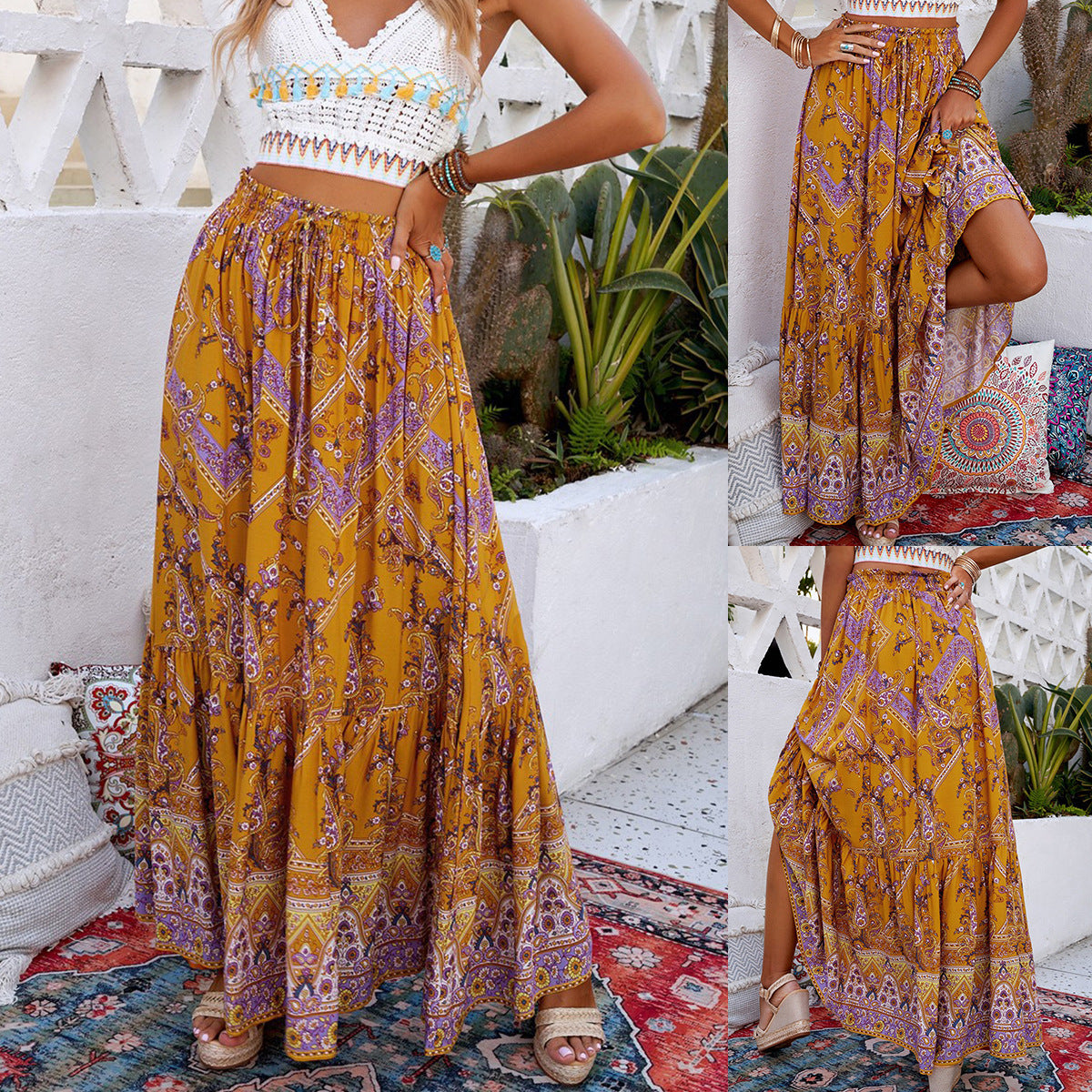 Patterned Mustard Yellow Skirt Boho Style