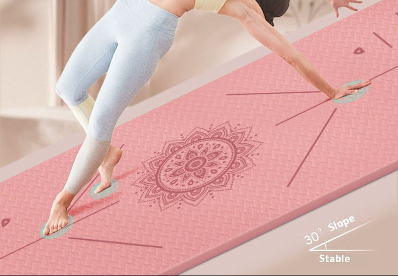 Person practicing yoga on a pink mat with text highlighting its features.