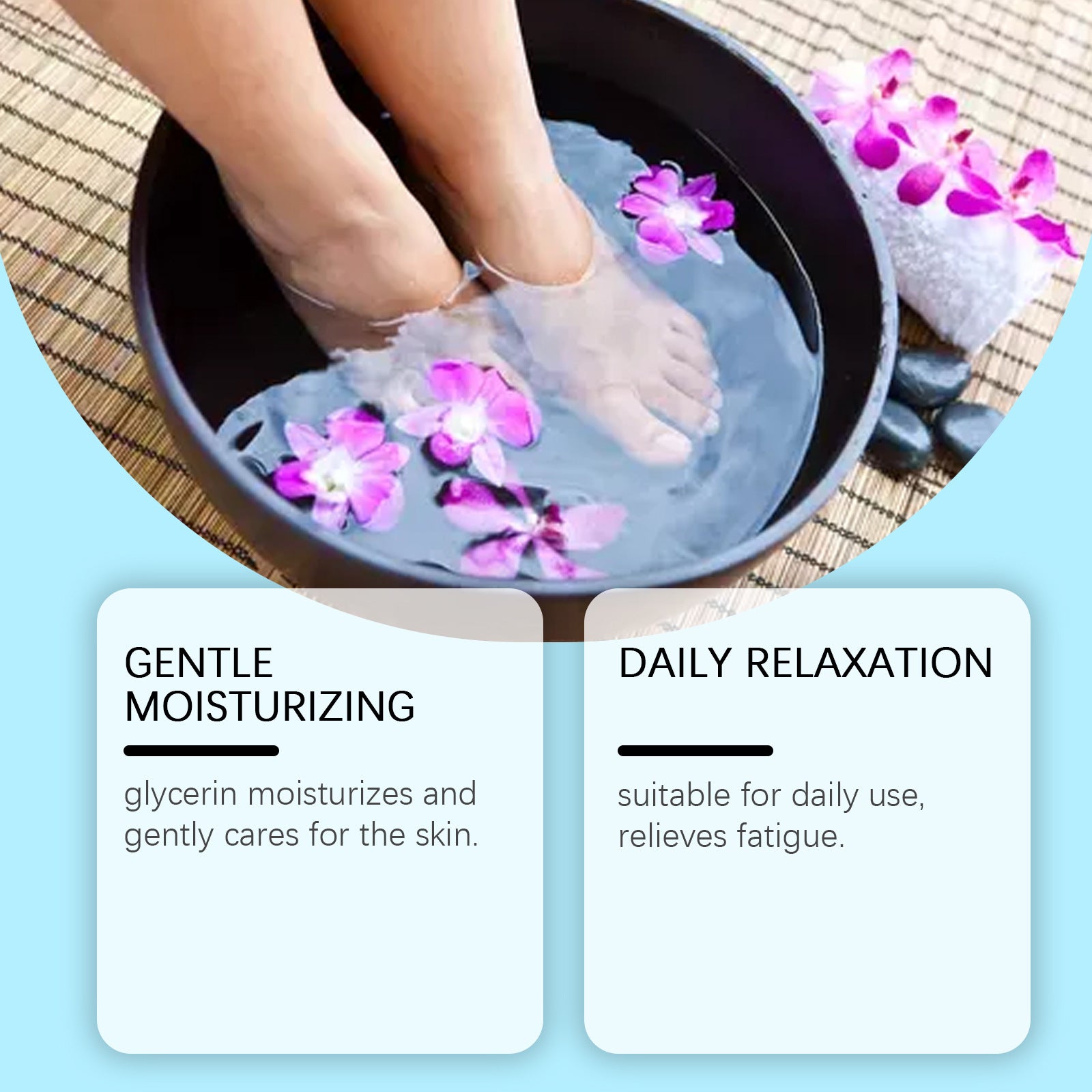 Person's feet in a bowl of water with flowers, promoting gentle moisturizing and daily relaxation.