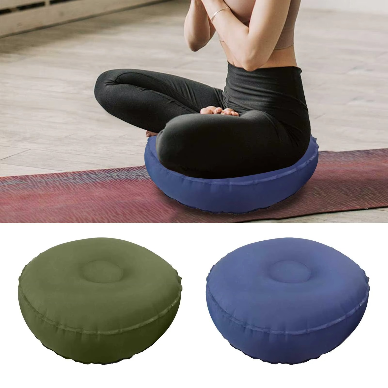 Person using a blue cushion on a yoga mat with additional cushions shown below.