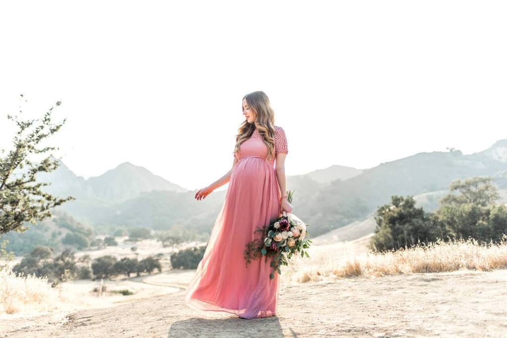 Pink Boho Maxi Maternity Dress with Short Sleeves