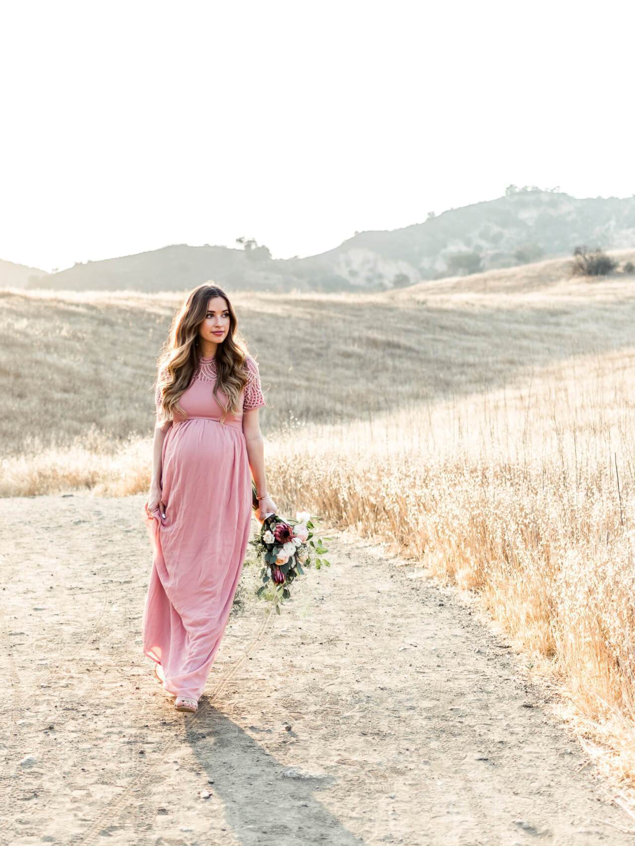 Pink Boho Maxi Maternity Dress with Short Sleeves