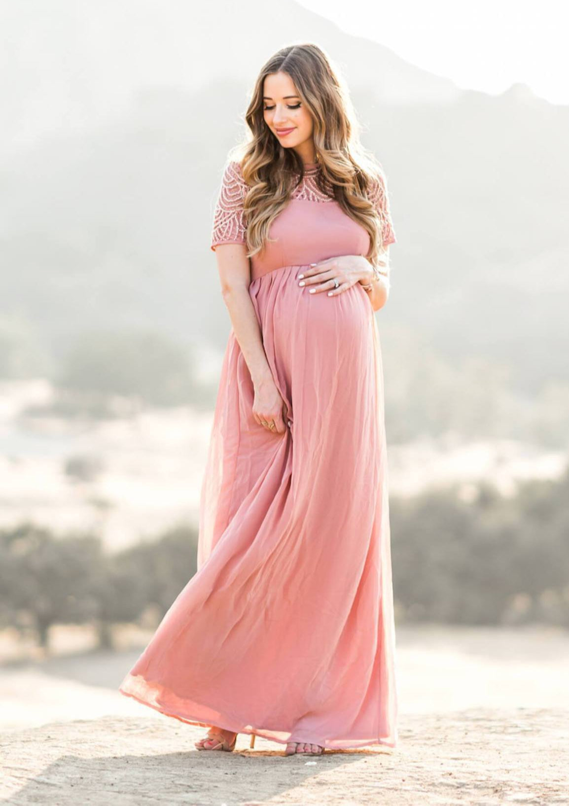 Pink Boho Maxi Maternity Dress with Short Sleeves