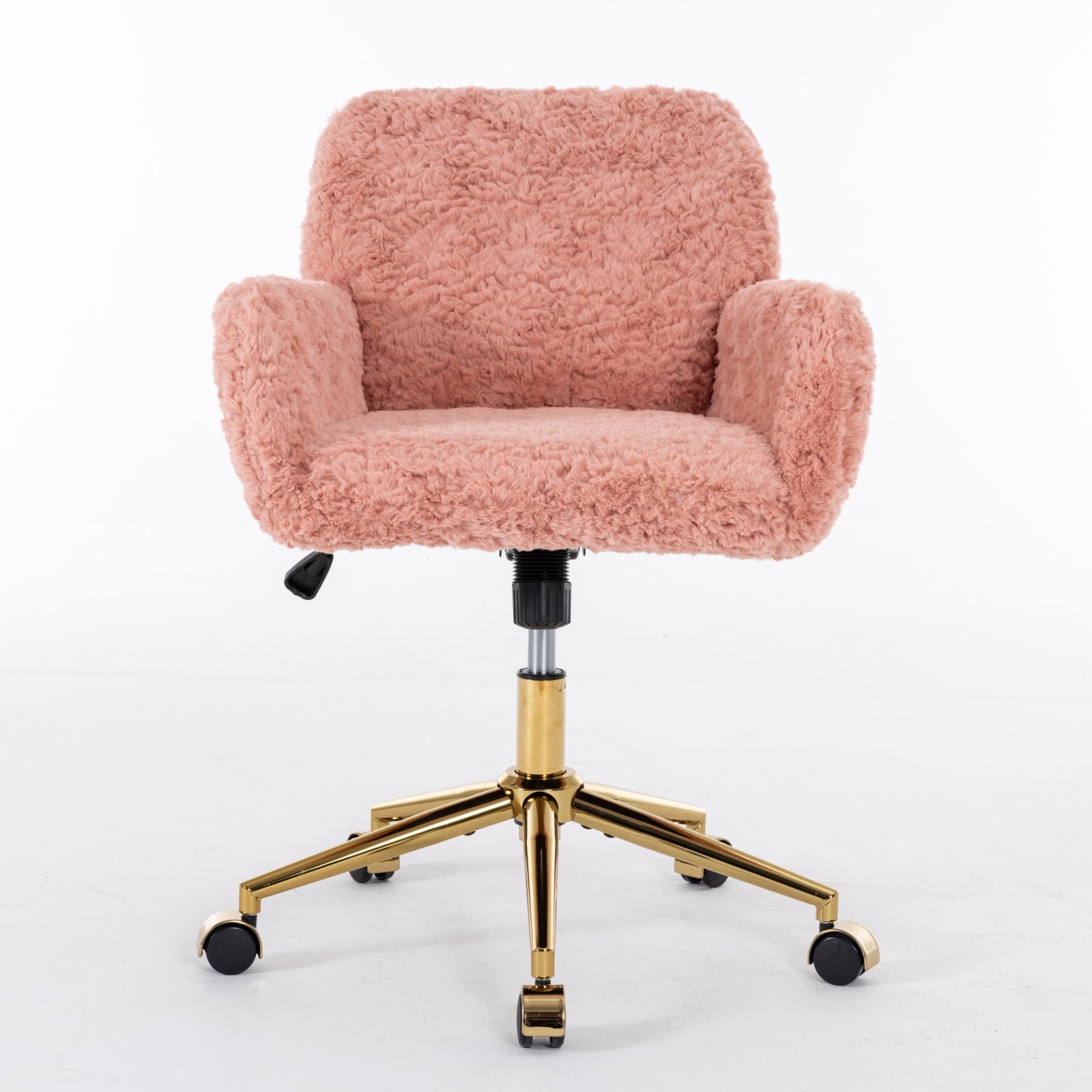 Pink fluffy office chair with gold base on a white background