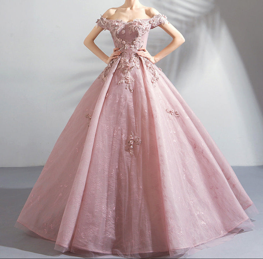 Pink Floral Bohemian Ball Gown Wedding Dress