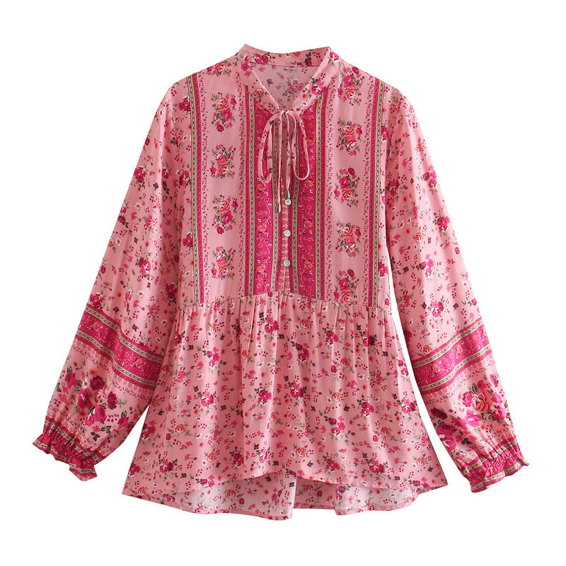 Pink Floral Long Sleeve Blouse Bohemian Style