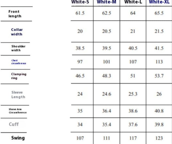 Measurement chart for garment sizes with labeled columns and rows.