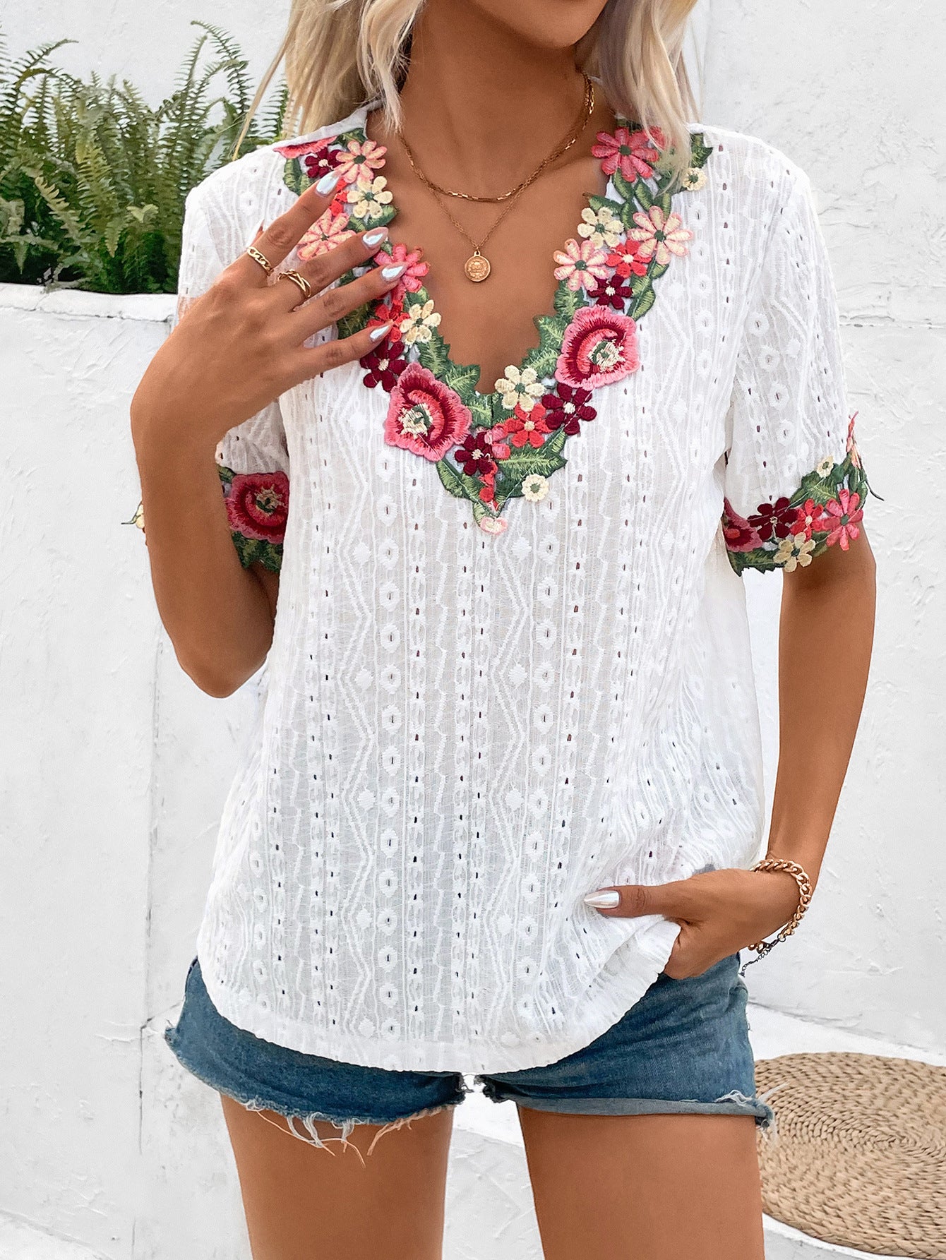Pink Flowers Embroidery Summer Blouse