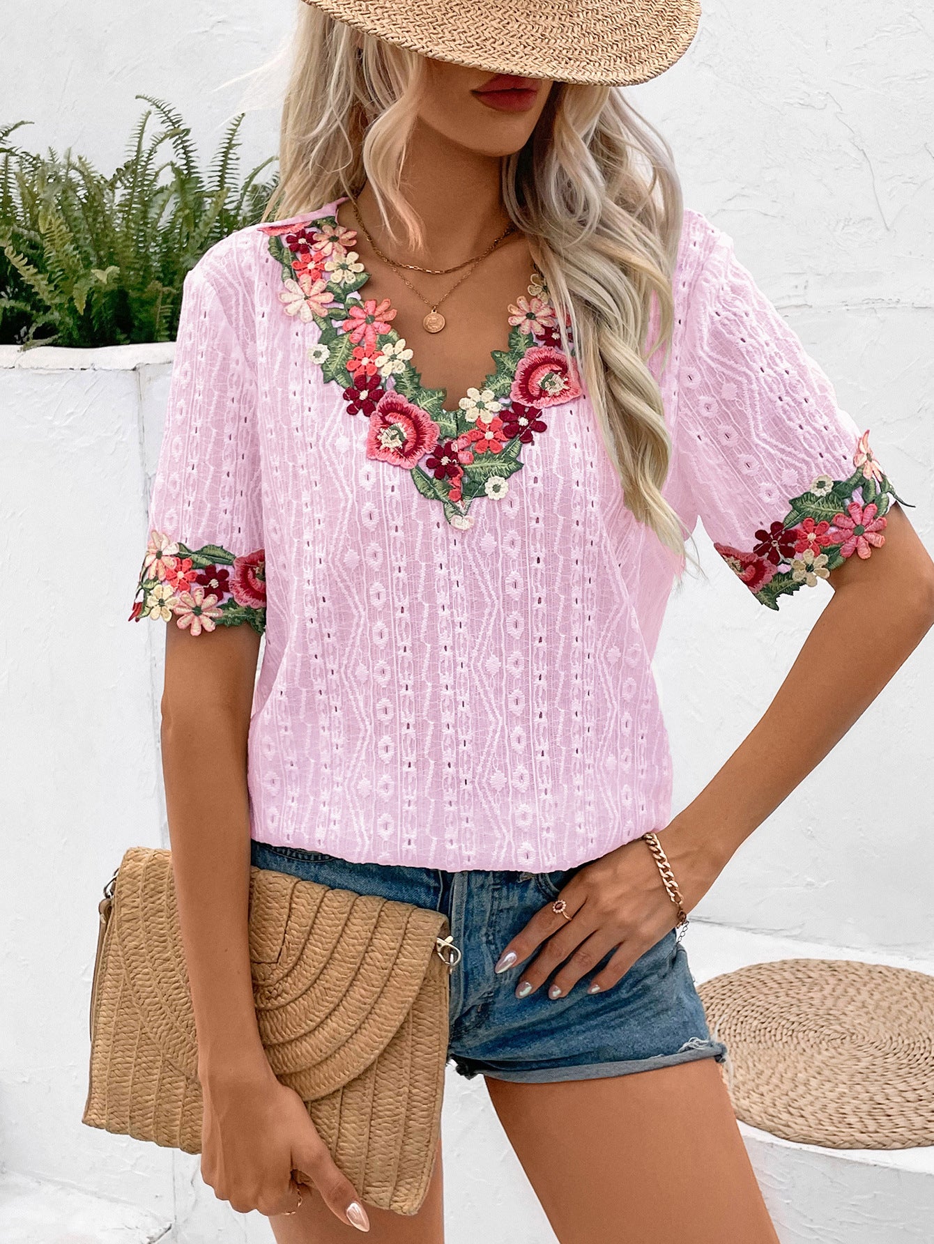 Pink Flowers Embroidery Summer Blouse for Women