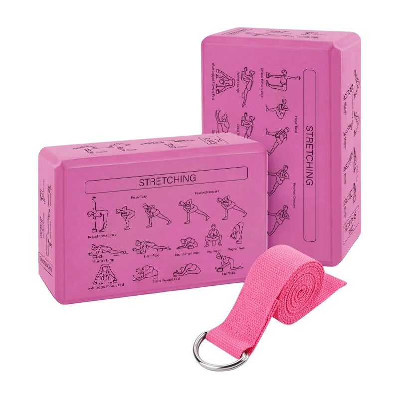 Pink stretching blocks and strap with exercise illustrations on a white background