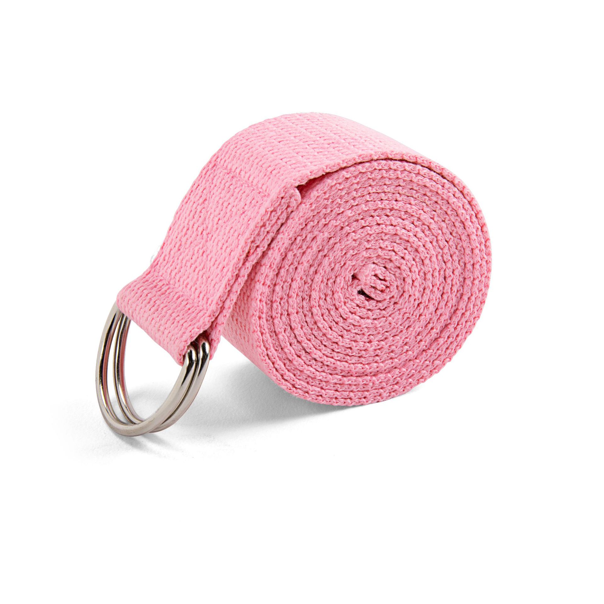 Pink yoga strap with a metal ring on a white background