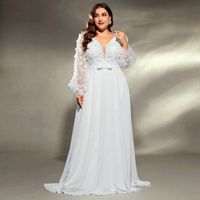Plus Size Belted Wedding Dress with Long Sheer Sleeves