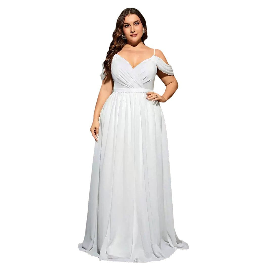 Plus Size White Elegant Off Shoulder Wedding Dress with V-Neck