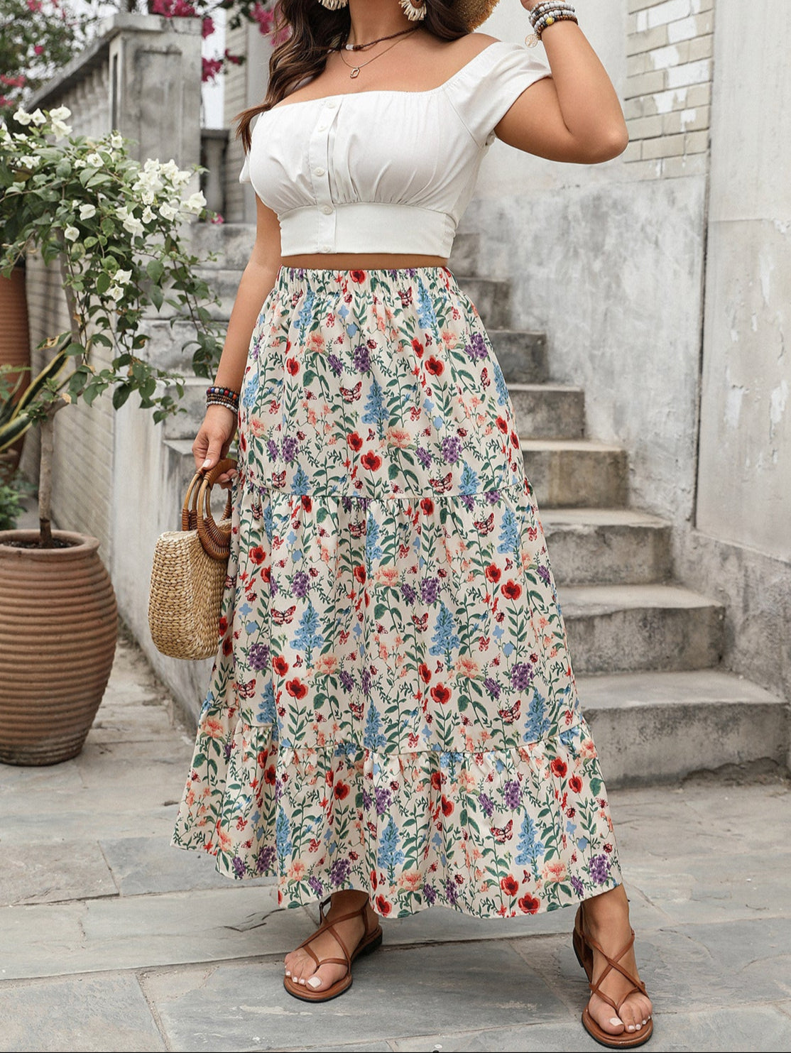 Plus Size Floral Maxi Boho Skirt