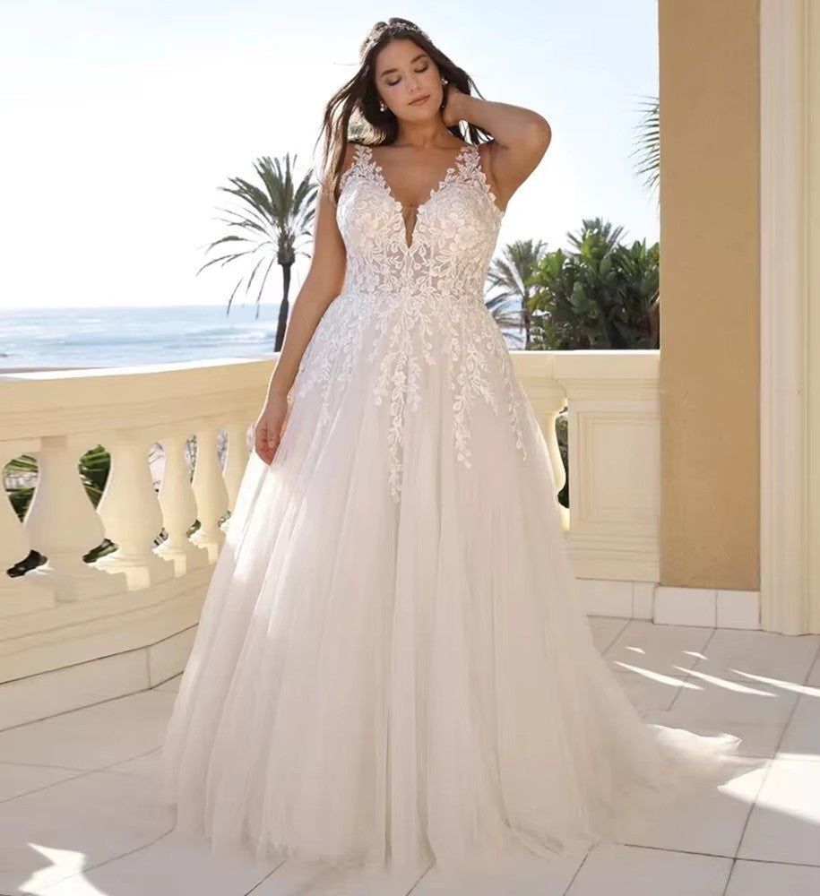 Plus Size Floral Lace V-Neck Puffy Wedding Gown