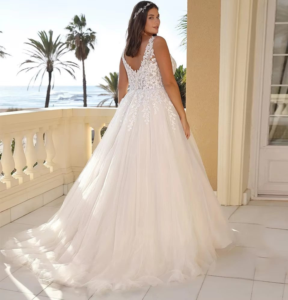 Plus Size Floral Lace V-Neck Puffy Wedding Gown