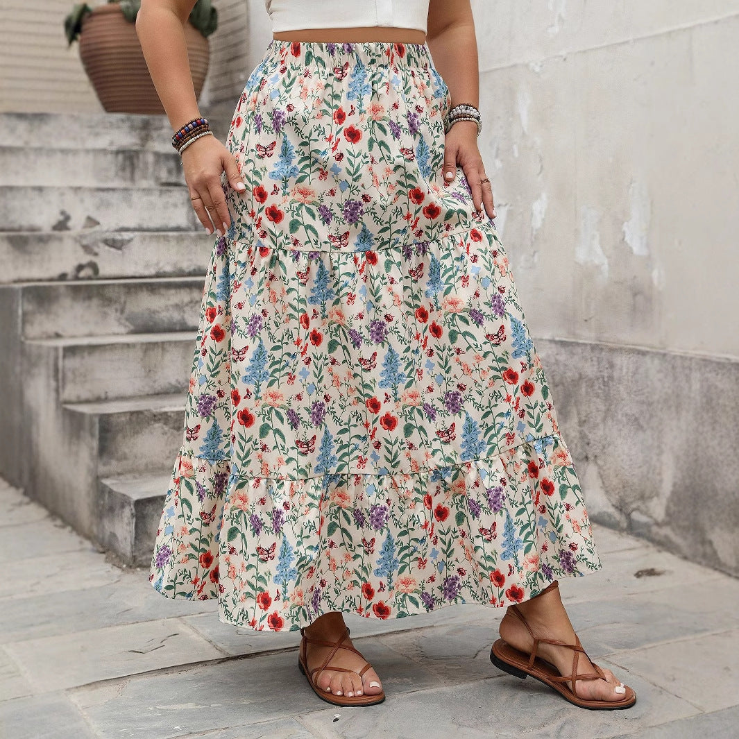 white Plus Size Floral Maxi Boho Skirt