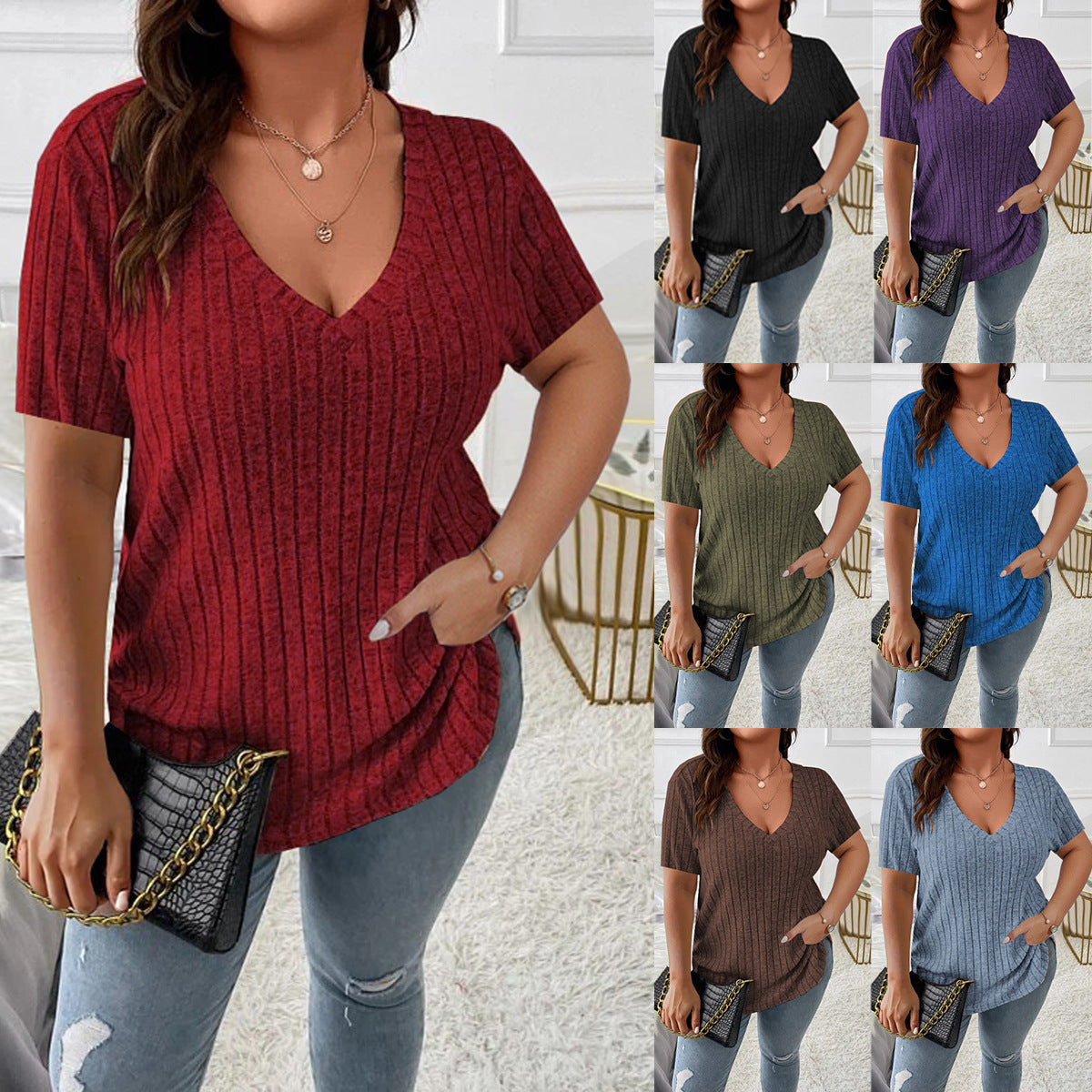 Plus Size Knitted Short Sleeve Top for Women