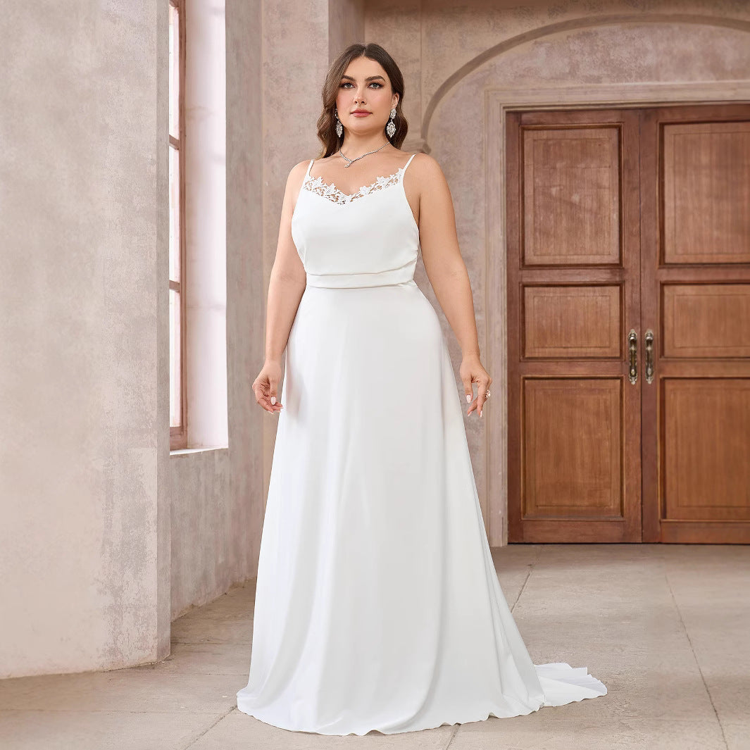 Plus Size Simple Modest Strapless Maxi Wedding Dress with Floral Lace and Open Back